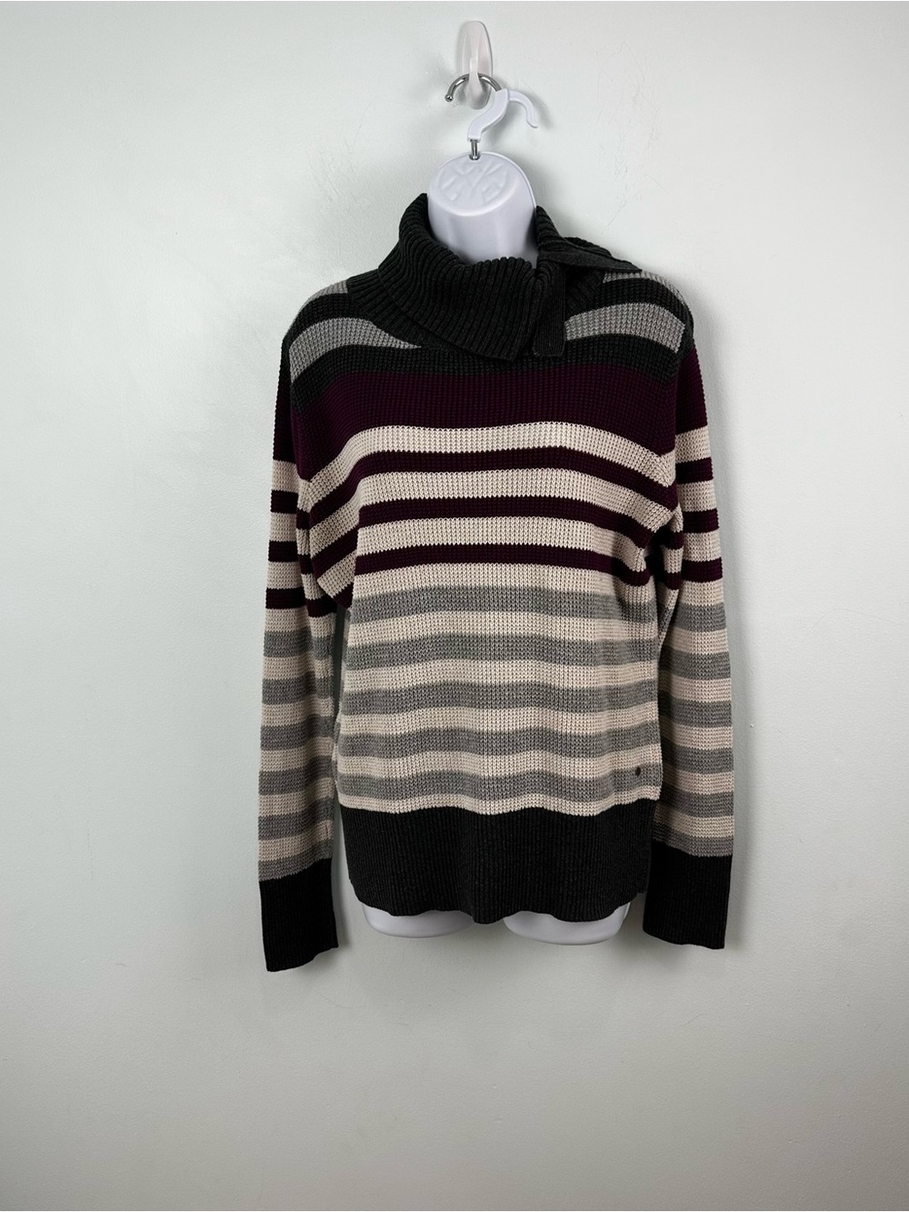 Eddie Bauer Purple, Cream, Gray Striped Turtleneck Sweater Button Neck Medium
